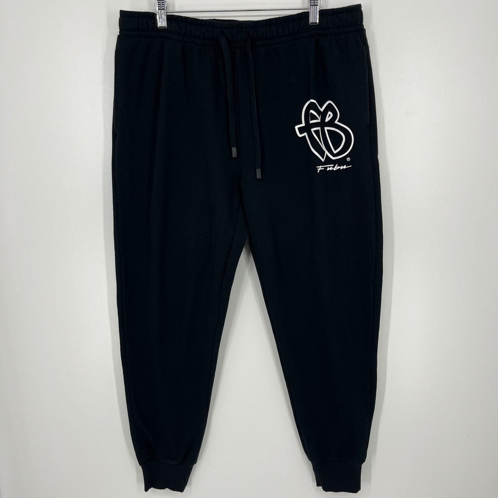 FUBU Mens Black Fleece Jogger Sweatpants White Graphic Logo Size L 42-44